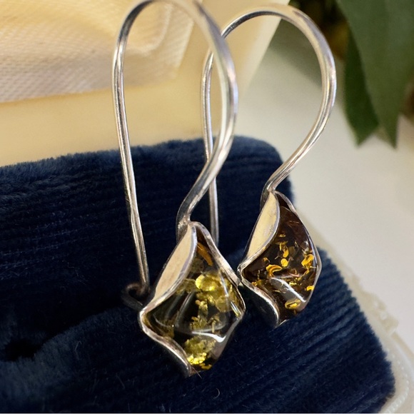 Vintage Handmade Solid 925 Sterling Silver Amber Drop Earrings - Picture 15 of 17